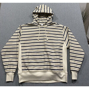 CHAMPION Reverse Weave Text Stripe AOP Pullover Hoodie XL Beige Dark Gray/Blue